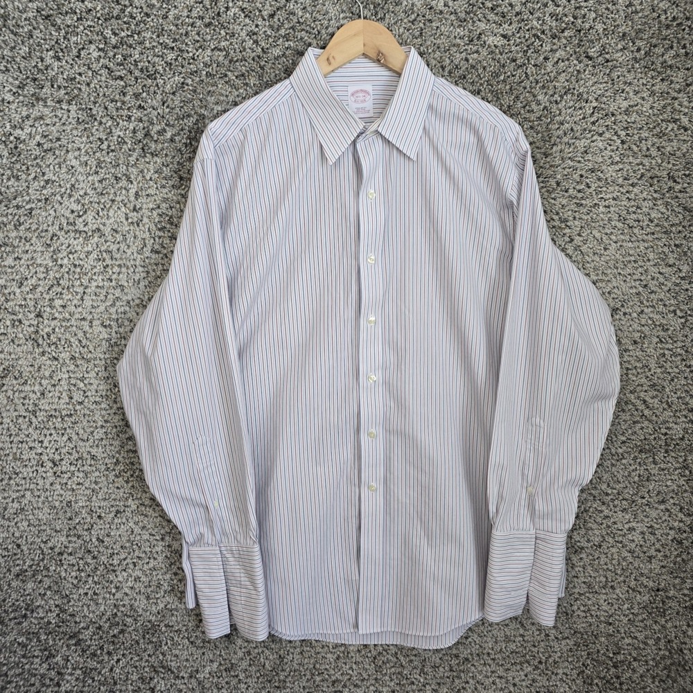 Brooks Brothers Dress Shirt Mens 16.5 34 Blue Red Striped Regular Fit Non Iron